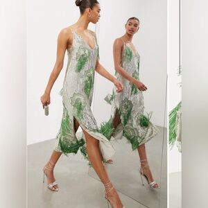 ASOS Sequin Cami Midi Dress with Floral Beaded Fringe